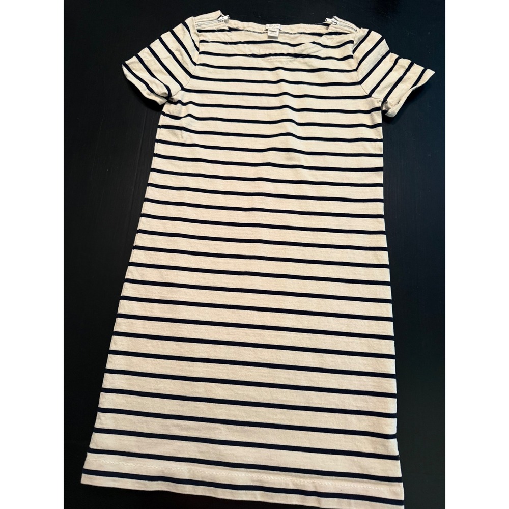 J.Crew Womens XS Striped Boatneck T-Shirt Dress Cream Navy Shoulder Zips